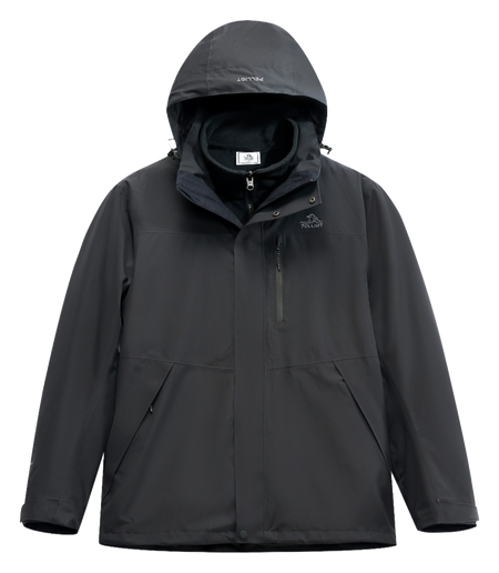 Black men’s hooded windbreaker jacket with zip front and vertical chest zip