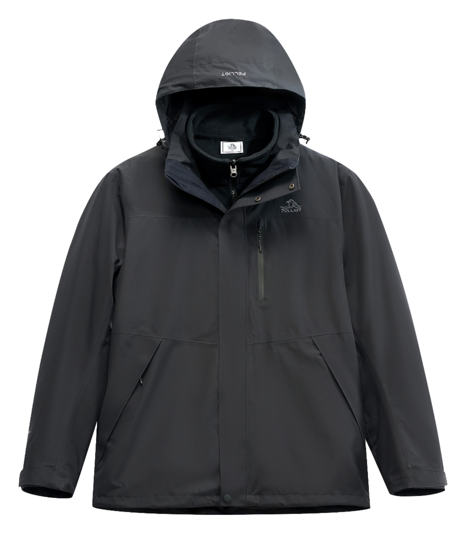 Black men’s hooded windbreaker jacket with zip front and vertical chest zip