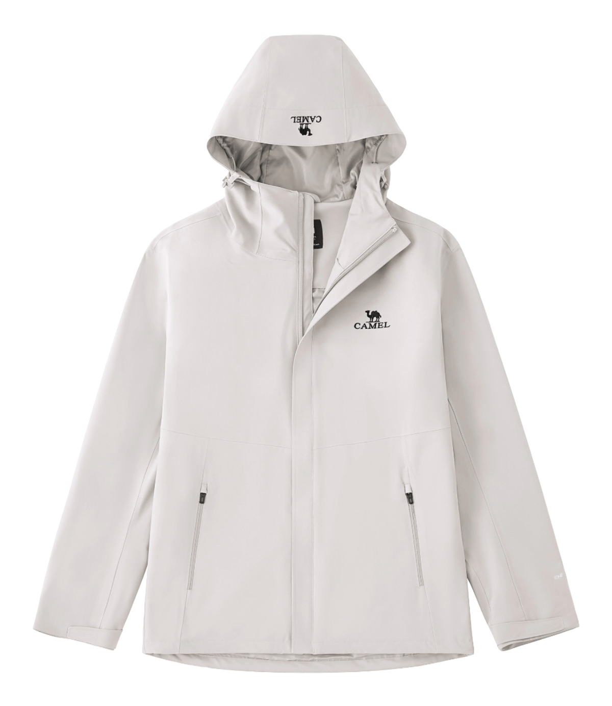 Unisex off-white hooded windbreaker jacket with front zipper and side pockets