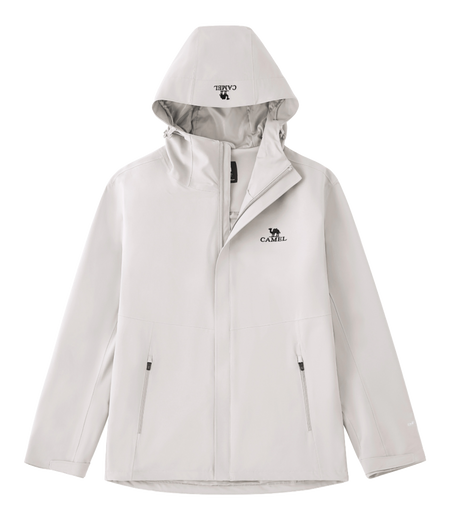 Unisex off-white hooded windbreaker jacket with front zipper and side pockets