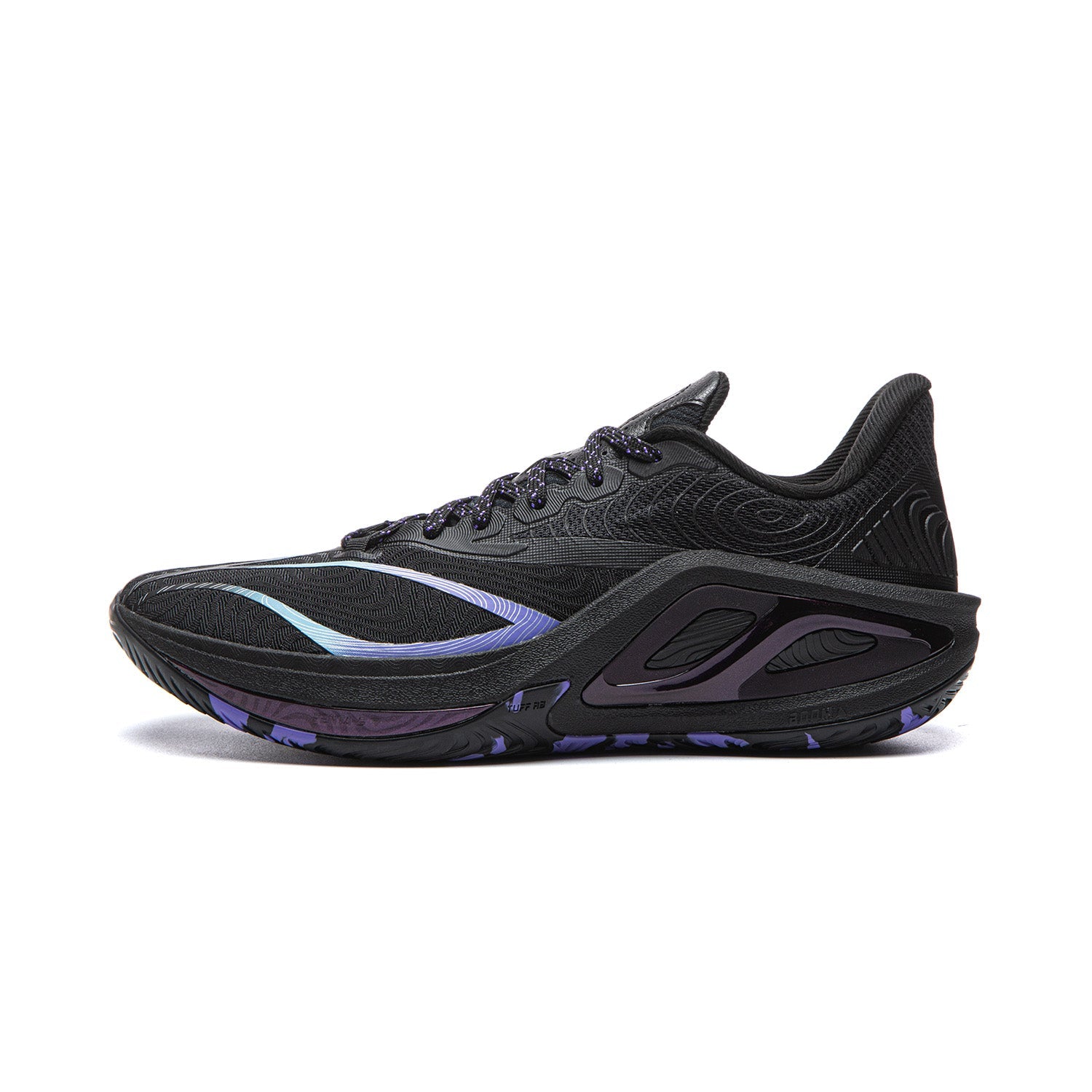 Black basketball shoes with blue and purple accents, lace-up, sporty outsole.