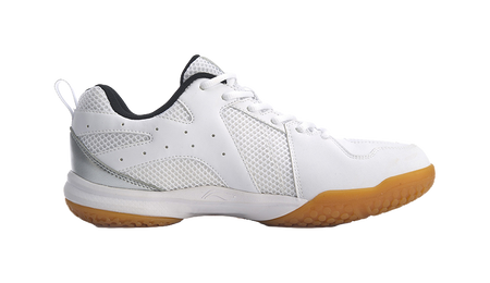 Unisex badminton shoe side view, white mesh upper with black collar and orange gum sole