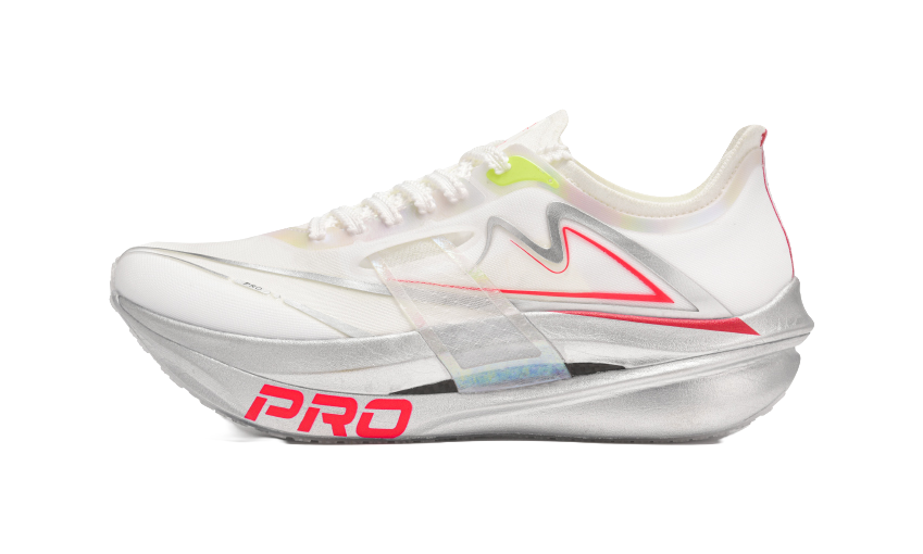 Unisex white running shoe with red trim, gray midsole, and neon green accents