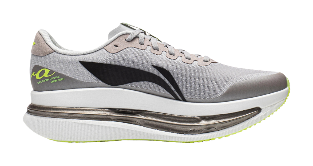 Men's low-top running shoes, gray mesh upper with large black stripe and lime trim