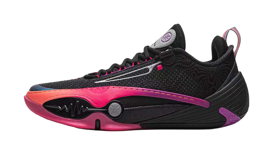 Black basketball shoe with pink and purple accents, low-top lace-up design