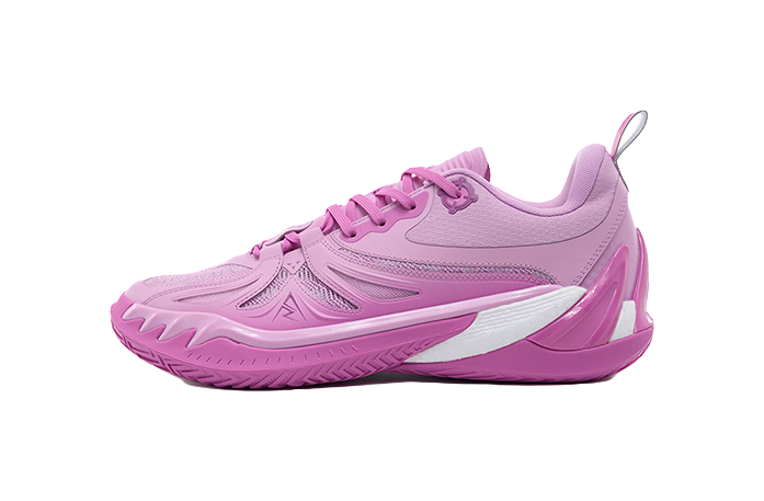 Lavender and deep purple unisex basketball shoe, side view with lace-up front