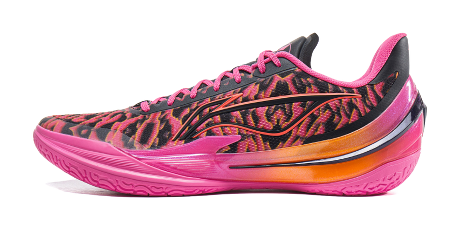 Rose red and black basketball shoe with patterned knit upper and pink laces