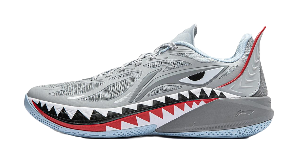 Li-Ning youth basketball shoe in mist gray with red-and-black zigzag sole trim