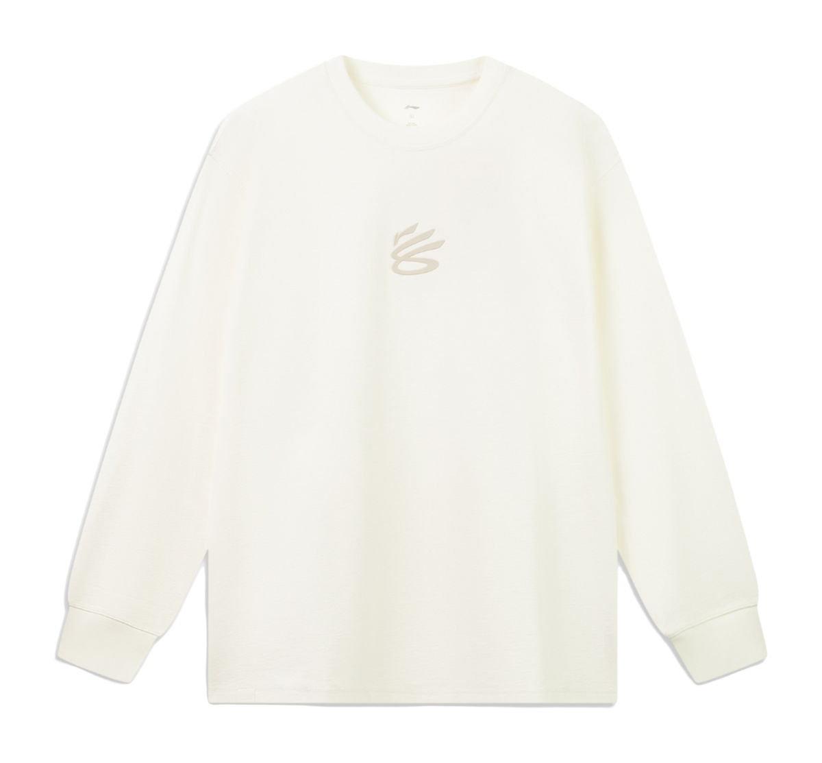 Men's ivory long-sleeve T-shirt, crew neck, small chest emblem