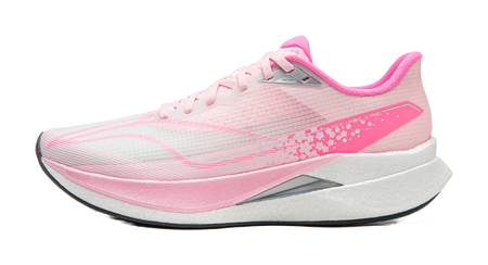 Pink running shoe with white laces, light gray upper, pink side stripe