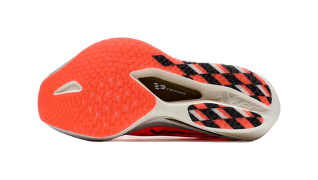 Women’s marathon racing shoe outsole, orange tread pattern with XTEP markings.
