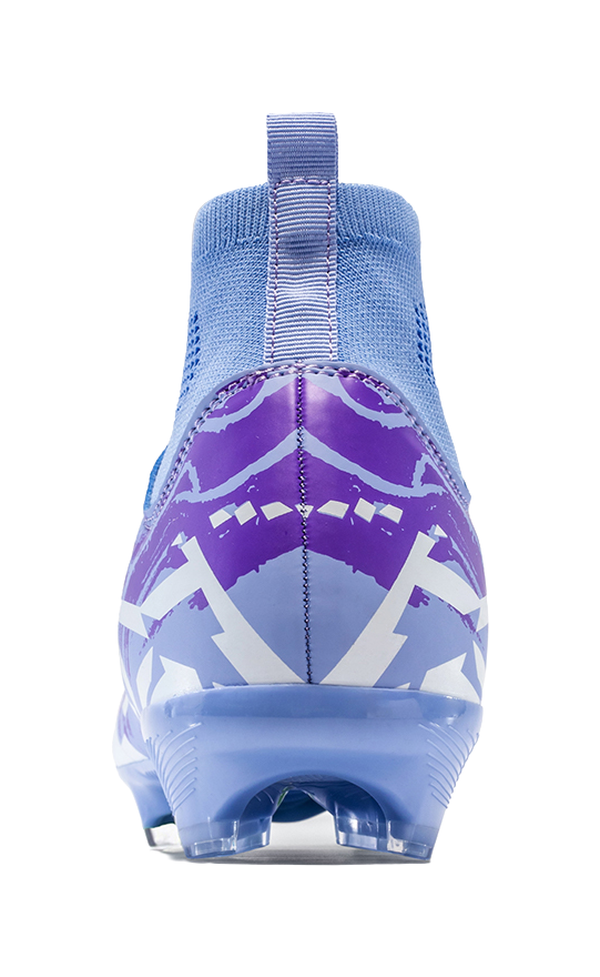 Unisex FG soccer cleat back view in purple and blue, elastic collar and rear panel