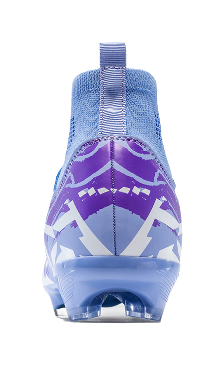 Unisex FG soccer cleat back view in purple and blue, elastic collar and rear panel