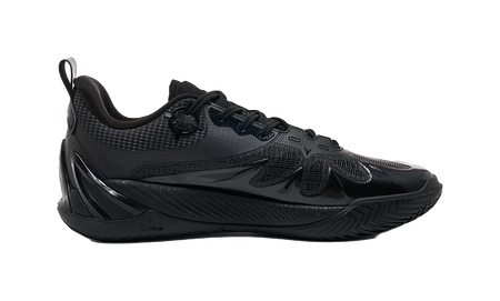 Unisex low-top basketball shoe in black, lace-up with textured overlay and paneling