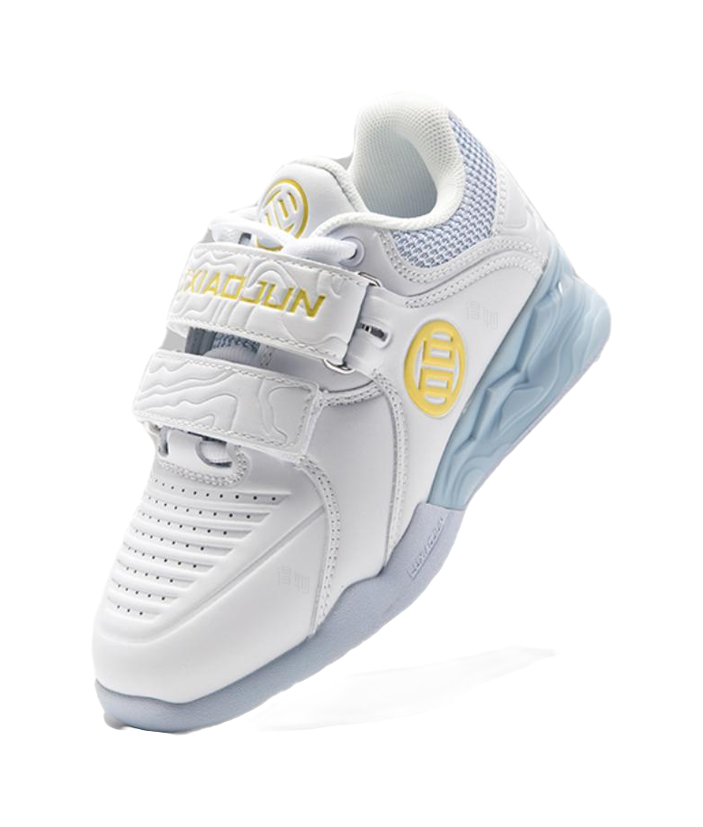 White low-top training shoe with light-blue side accents and cushioned sole