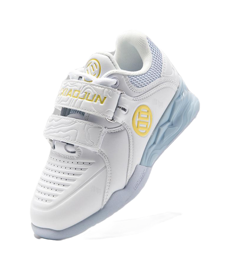 White low-top training shoe with light-blue side accents and cushioned sole