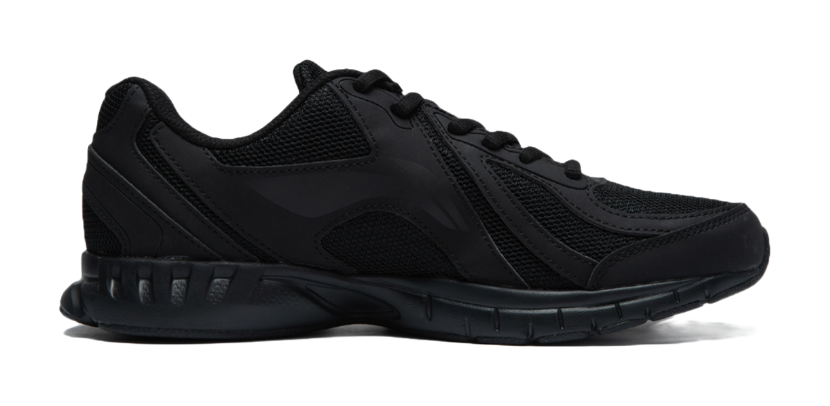 Black lightweight casual running shoe side view with stitched overlays and lace-up tongue.