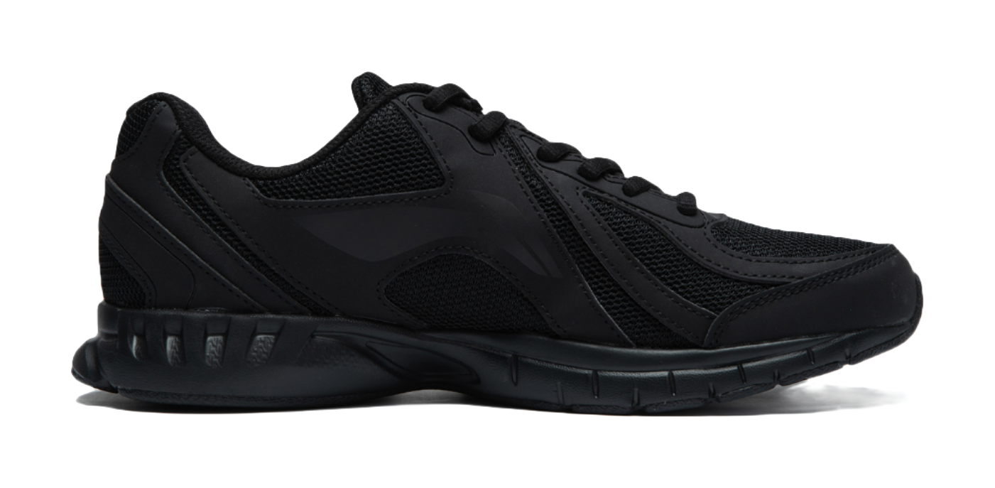 Black lightweight casual running shoe side view with stitched overlays and lace-up tongue.