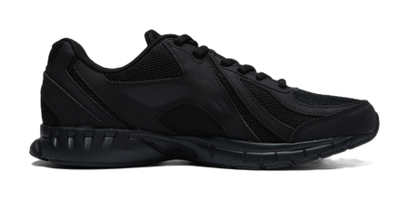 Black lightweight casual running shoe side view with stitched overlays and lace-up tongue.