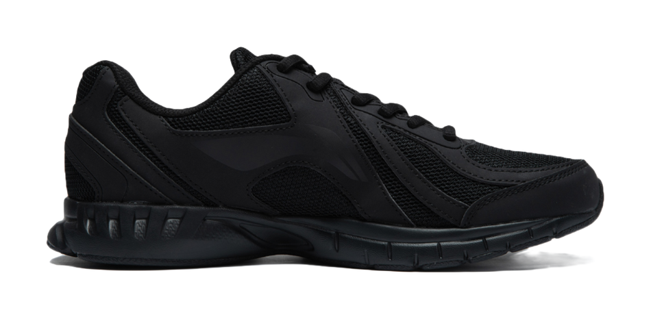 Black lightweight casual running shoe side view with stitched overlays and lace-up tongue.