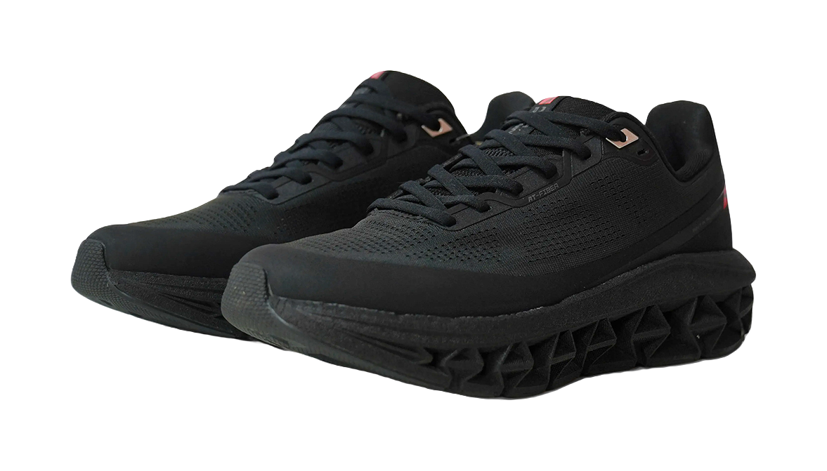 Men's black running shoes, lace-up with textured upper and rugged rubber outsole.