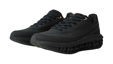 Men's black running shoes, lace-up with textured upper and rugged rubber outsole.