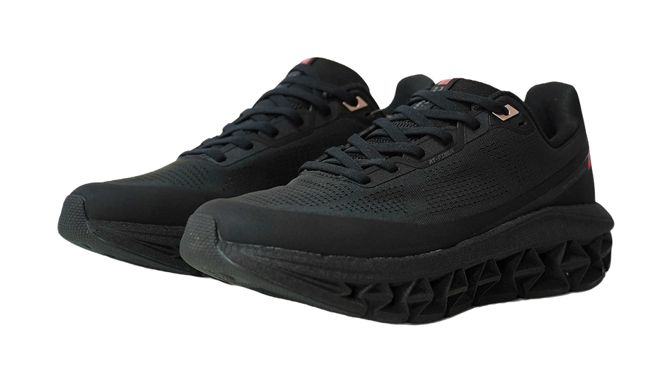 Men's black running shoes, lace-up with textured upper and rugged rubber outsole.