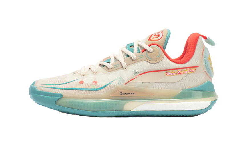Unisex basketball shoe in oat beige with teal sole and red accent at heel