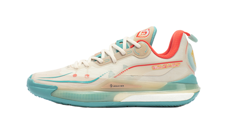 Unisex basketball shoe in oat beige with teal sole and red accent at heel