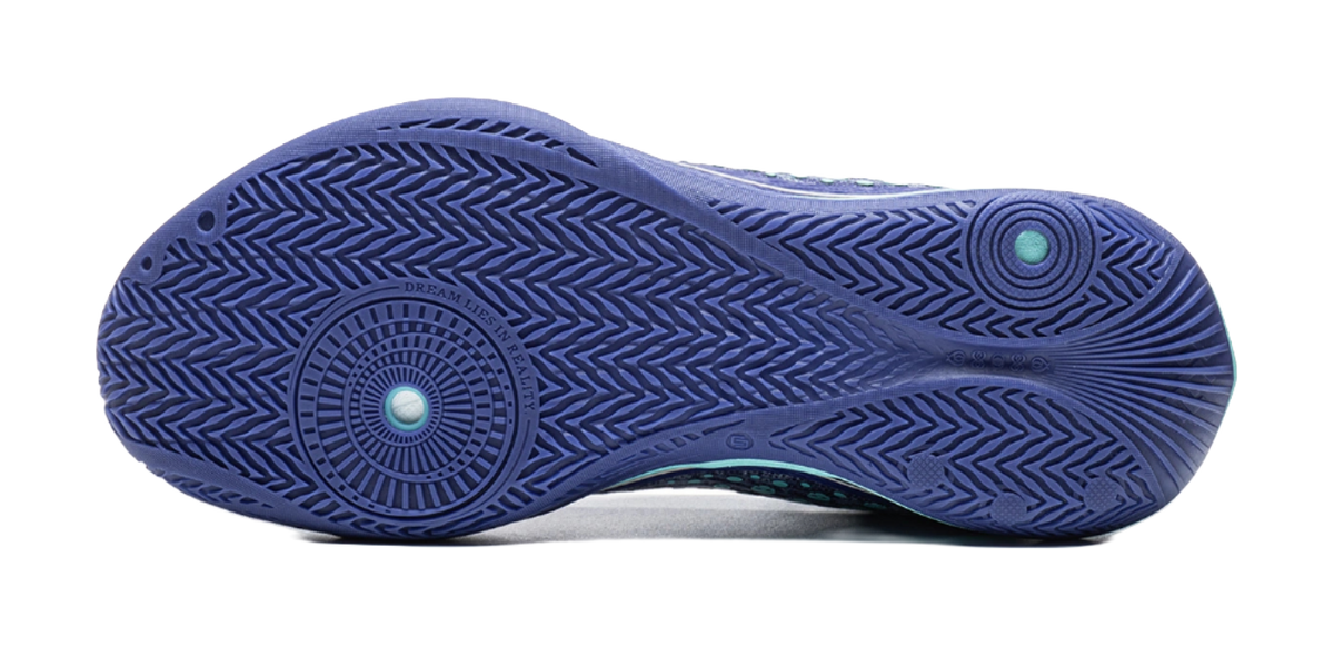 Men's basketball shoe outsole, textured tread pattern in navy and purple tones