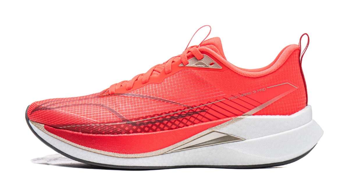 Li-Ning red running shoe with mesh-textured upper, white sole, and side accent stripes