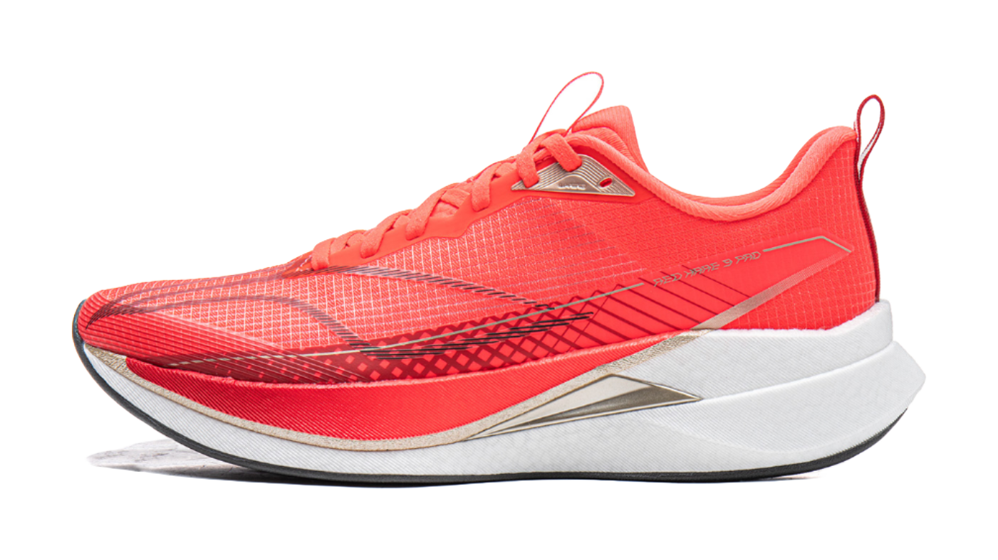 Li-Ning red running shoe with mesh-textured upper, white sole, and side accent stripes