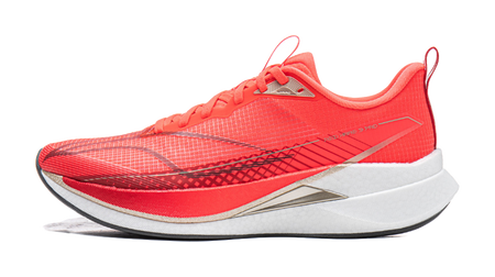 Li-Ning red running shoe with mesh-textured upper, white sole, and side accent stripes