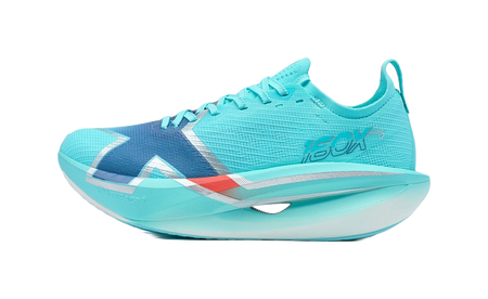 Women's marathon running shoes in icy light blue with dark blue side panels