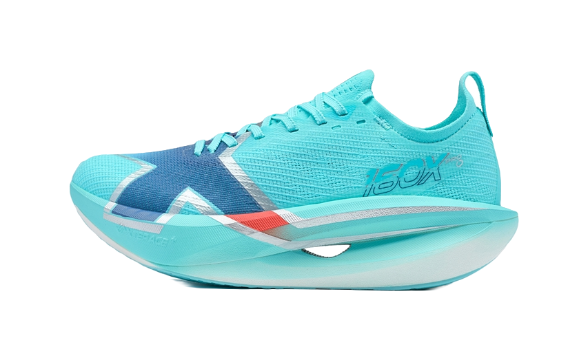 Women's marathon running shoes in icy light blue with dark blue side panels