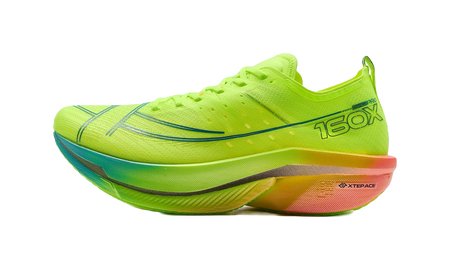 XTEP low-top running shoe in neon green with teal and black side stripes