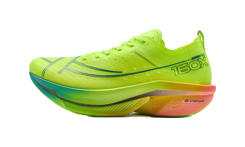 XTEP low-top running shoe in neon green with teal and black side stripes