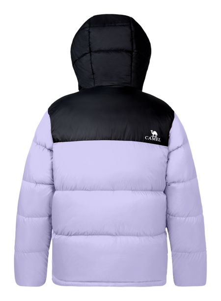 Unisex hooded down jacket in light purple and black color-block with full-zip front.