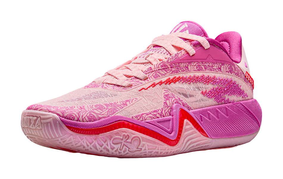 Pink lace-up basketball shoe with magenta trim and patterned upper, side view