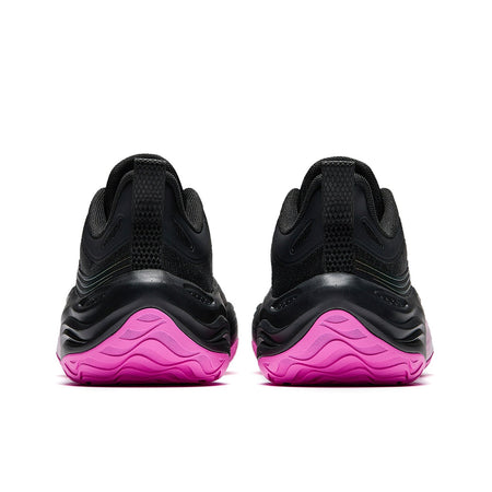 Pair of basketball shoes heel view with black uppers and purple-pink midsoles
