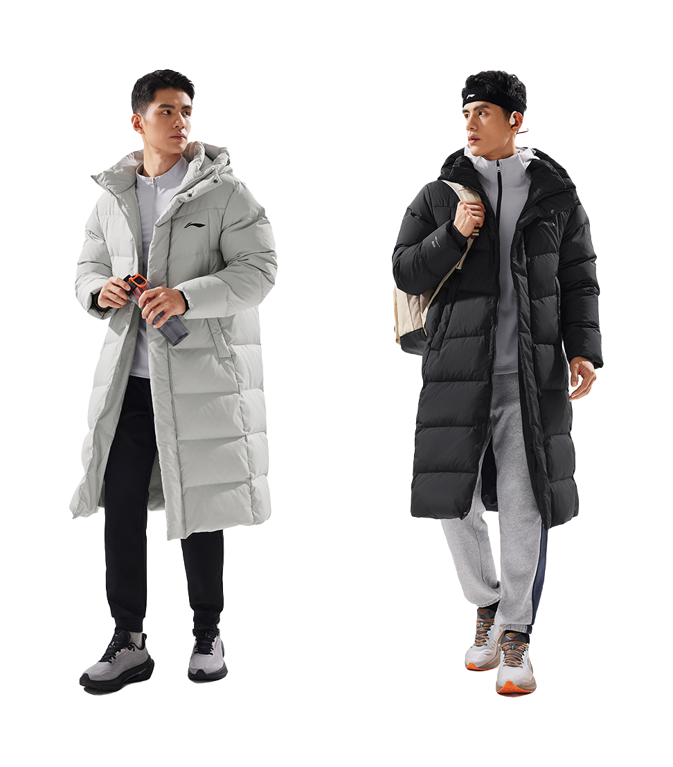 Hooded down jacket pair in light gray and black, long quilted puffer with front zippers
