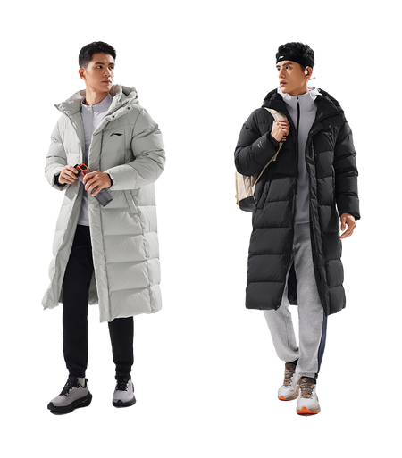 Hooded down jacket pair in light gray and black, long quilted puffer with front zippers
