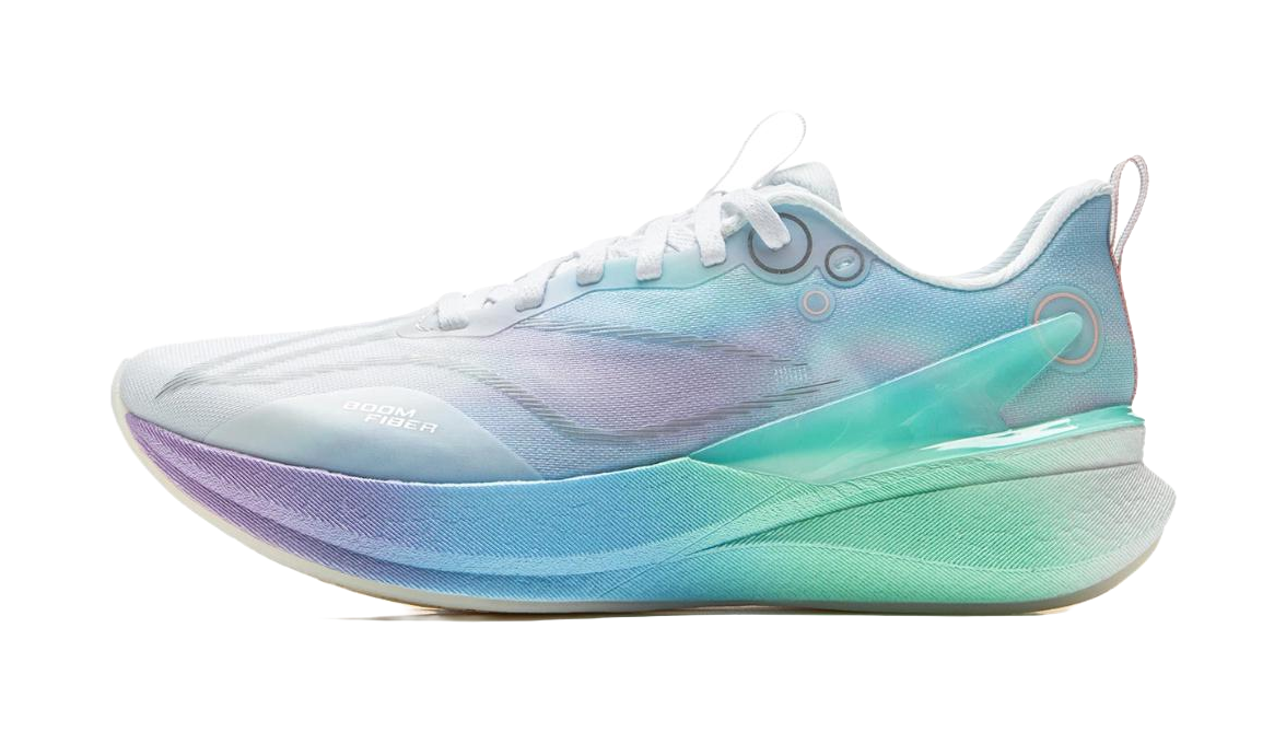 White and pastel lace-up running shoe with cushioned sole and side logo panel.