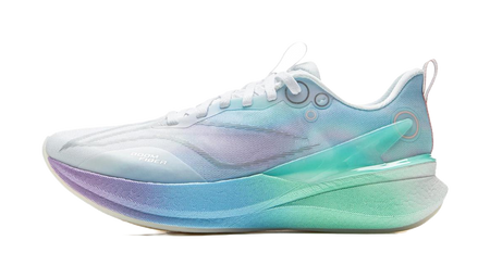 White and pastel lace-up running shoe with cushioned sole and side logo panel.