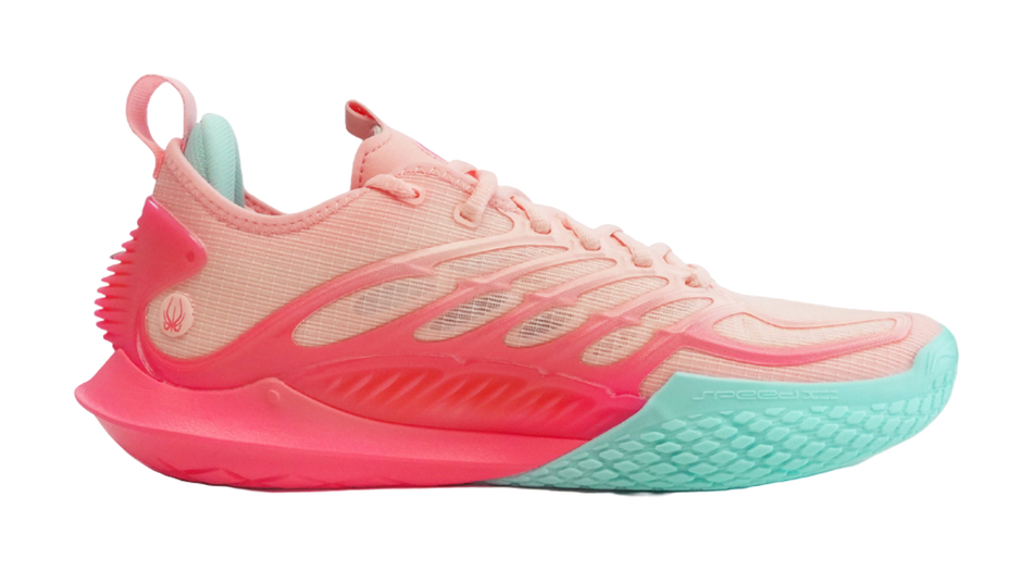 Pink lace-up basketball shoe with mint lining and cushioned ridged midsole, front side
