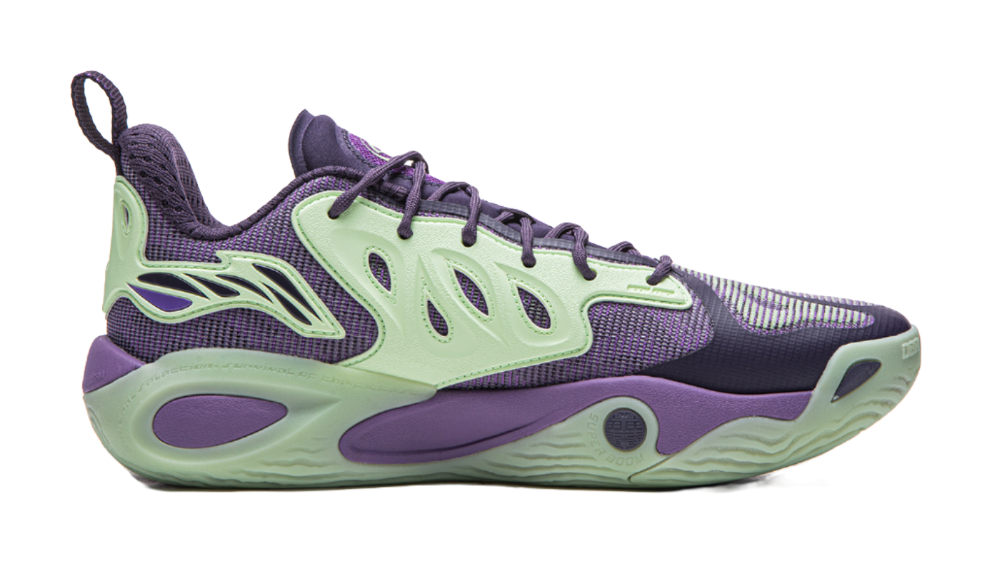 Purple and green basketball shoe side view with mint sole and patterned upper