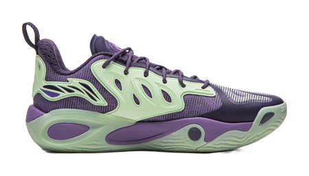 Purple and green basketball shoe side view with mint sole and patterned upper
