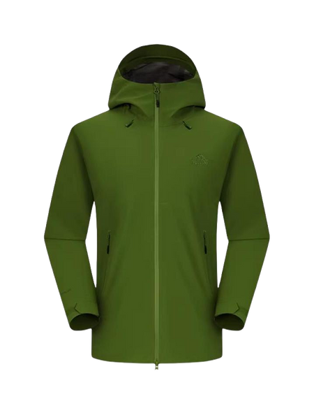 Unisex rock shell hard shell windbreaker jacket with attached hood, zip front, green.