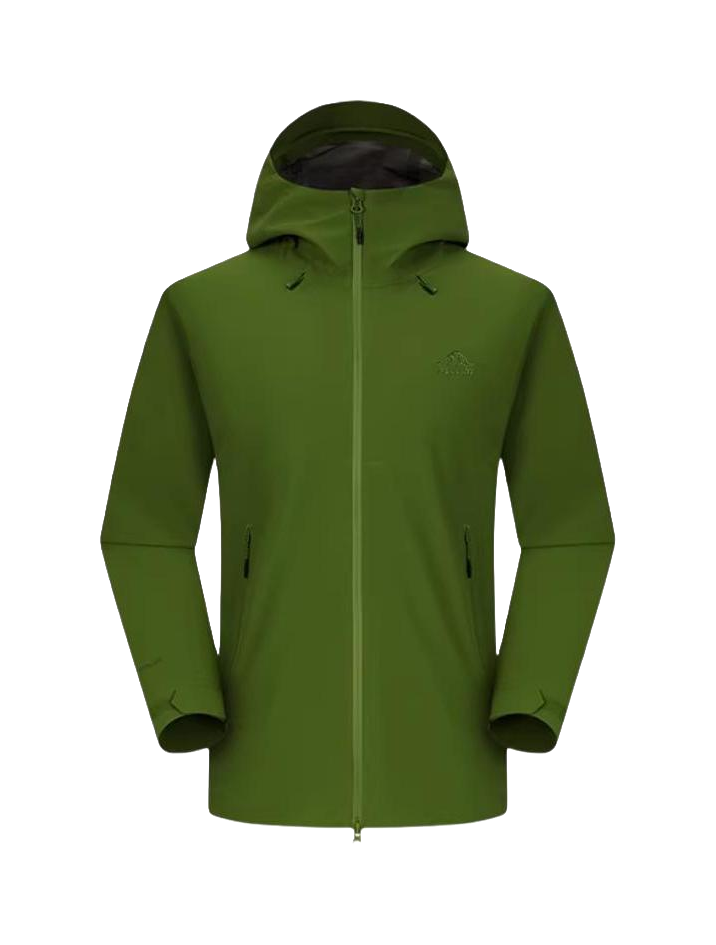 Unisex rock shell hard shell windbreaker jacket with attached hood, zip front, green.