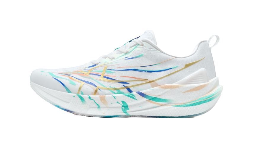 Xtep unisex running shoes in white with blue, teal, and gold graphic stripes